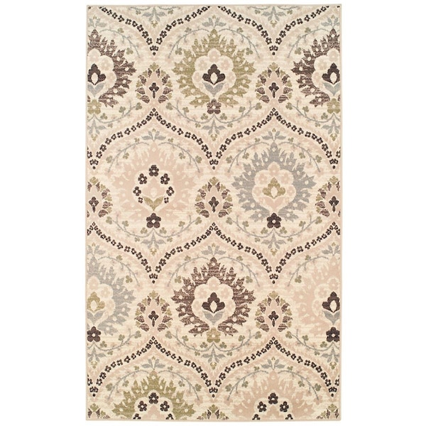 Homeroots 6 x 9 ft. Floral Stain Resistant Rectangle Area Rug Ivory Gray & Olive 486709 - main